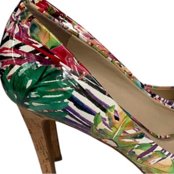 Jessica Simpson Dalyn Tropical Print Cork Heel Peep Toe Pumps Women’s 9.5 - Picture 8 of 10